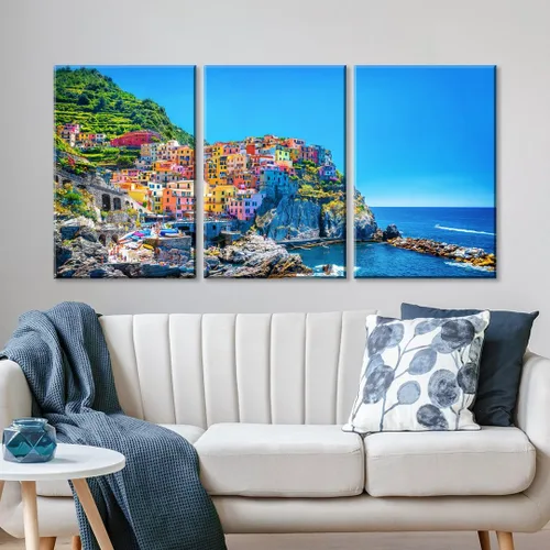 Vista 4 de NAN Wind 3 piezas de lienzo moderno pintura de pared paisaje urbano tradicional puerto mediterráneo mar Cinque Terre Italia costa paisaje impresión