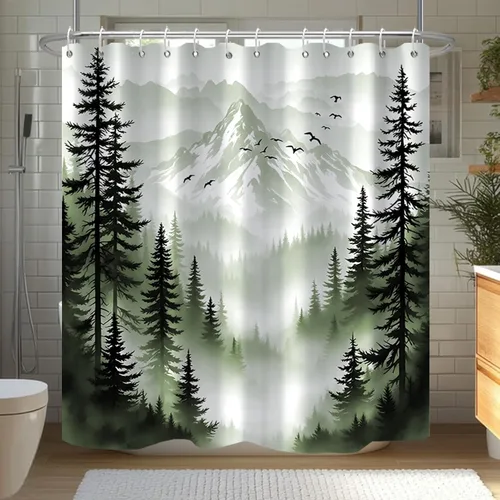 Vista 10 de Cortina de Ducha Azul Bosque de Pino Montaña Aves Paisaje Nebuloso Cortina de Ducha Impermeable de Tela para Decoración de Baño 60x72 Pulgadas