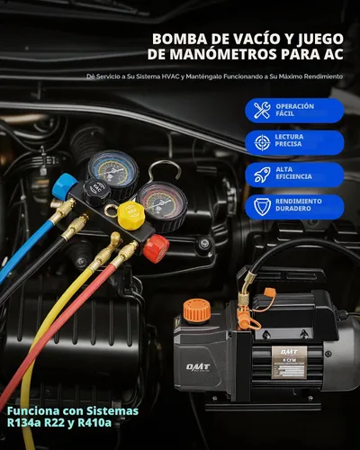 Vista 2 de Orion Motor Tech - Bomba de vacío y juego de medidores de AC, bomba de vacío de 1/3 hp, kit de manómetro de 4 cfm con detector de fugas, 4 mangueras
