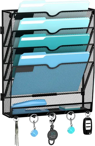 Vista 14 de 5 Tier Wall File Organizer, Metal Holder with Bottom Hooks Negro