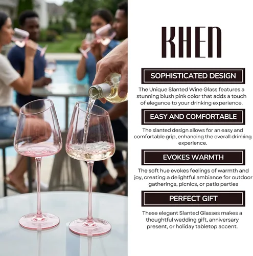 Vista 5 de Khen Copas de vino rosa, regalo Juego de 2 Cristalería inclinada de 18 onzas color rubor rosa, vidrio de tallo alto, regalos para esposa, novia
