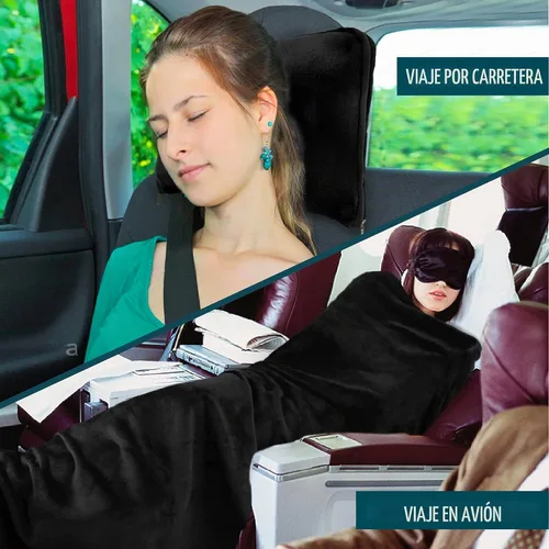 Vista 5 de PAVILIA Almohada Manta de Viaje, Manta Suave de Avión Conjunto Combo 2 en 1, Manta de Avión Compacta Empacable, Esenciales de Vuelo Almohada de Negro