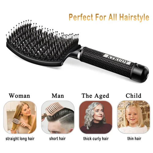 Vista 5 de KTKUDY Cepillo para desenredar con cerdas de jabalí, cepillo para hacer el cabello más brillante y saludable, cepillo desenredante curvo y ventilado