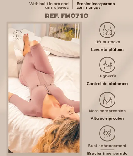 Vista 4 de 0710 Fajas Colombianas Moldeadoras con mangas y sujetador, faja moldeadora para control de abdomen en Powernet, longitud hasta la rodilla, ganchos