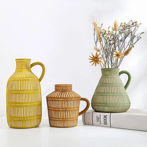 Vista 3 de Juego de 3 jarrones de cerámica bohemios para sala de estar, dormitorio, modernos, amarillo, marrón, verde, jarrones para flores artificiales