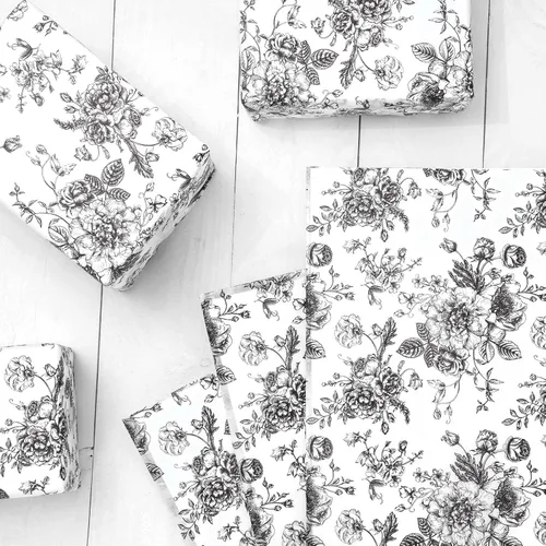 Vista 3 de JarThenaAMCS 100 hojas de papel de seda floral negro chinoiserie, papel de regalo de flores vintage, papel decorativo para manualidades, cumpleaños