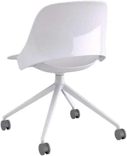 Vista 3 de Humanscale Trea - Silla de oficina con base de cuatro estrellas, respaldo y asiento blancos, base de recubrimiento en polvo blanco, ruedas