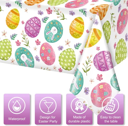 Vista 3 de Ragnhild Paquete de 3 manteles de Pascua, decoración de fiesta, mantel de plástico con huevos de Pascua, conejo, decoración de mesa, mantel