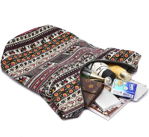 Vista 213 de Bolsa de hombro para mujer, de lona en estilo hippie/bohemio para llevar cruzada al hombro, disponible en diferentes colores y estampados