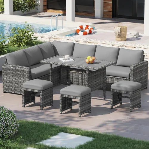 Vista 9 de U-MAX Juego de muebles de patio, 7 piezas de sofá seccional para exteriores Ratán marrón y cojín rojo