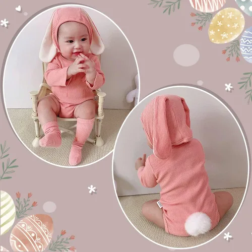 Vista 4 de XIFAMNIY Traje de conejo de Pascua para bebé, mameluco con orejas de conejo 3D para bebé recién nacido