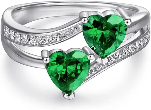 Vista 15 de Anillo de promesa de boda con topacio azul y blanco, chapado en plata de ley 925, con doble corazón