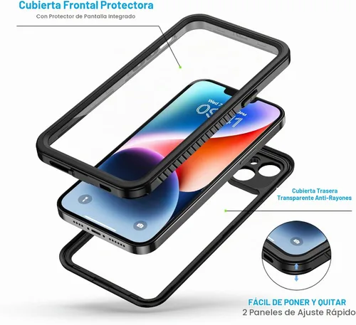 Vista 3 de Lanhiem Funda para iPhone 14, impermeable IP68 a prueba de polvo con protector de pantalla integrado, resistente a prueba de golpes de cuerpo Negro