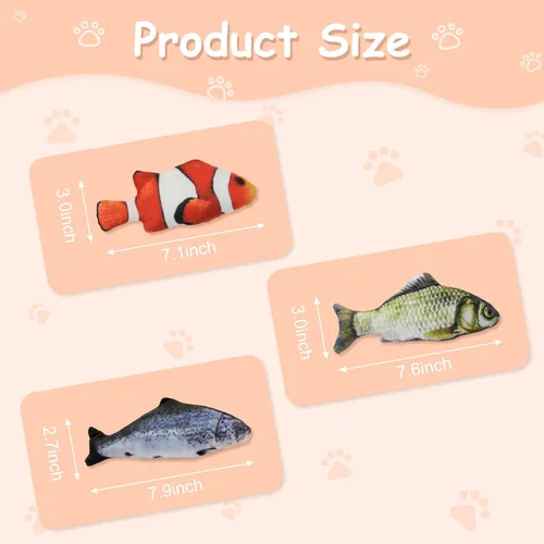 Vista 2 de Andiker Juguetes interactivos para gatos (3 unidades), juguetes rellenos de algodón con forma de pez para gatos de interior, juego de juguetes