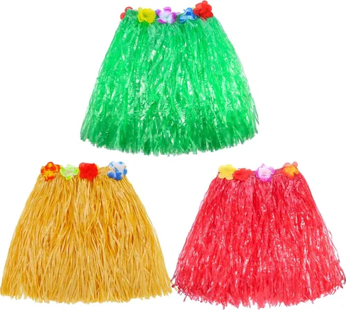 Vista 2 de Juego de 3 faldas de hierba para niños y niñas, falda elástica hawaiana de hierba con flores Leis para Luau Party Costume Set, Multicolorido