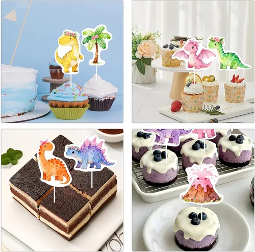 Vista 7 de 48 piezas de decoración de cupcakes de dinosaurio rosa estilo niña, decoración de fiesta de cumpleaños con temática de tres Rex, decoración