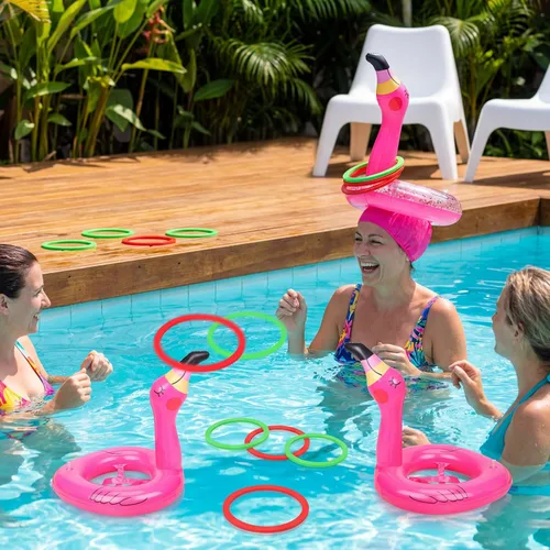 Vista 7 de Juego de lanzamiento de anillos inflables de flamenco de 3 piezas, suministros de juguetes para fiestas en la piscina, decoraciones Luau