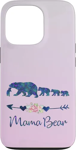 Vista 10 de Funda para iPhone 16, diseño floral de mamá oso de cuatro cachorros, color verde azulado y morado