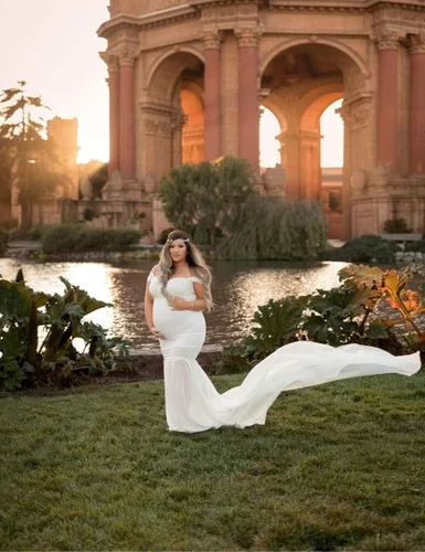 Vista 4 de ORQ Vestido de gasa de maternidad con hombros descubiertos para accesorios de fotos, vestido maxi de fotografía para sesión de fotos