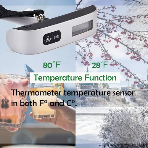 Vista 5 de Báscula digital para equipaje 110 libras pintura de goma con sensor de temperatura y función de tara plata batería incluida