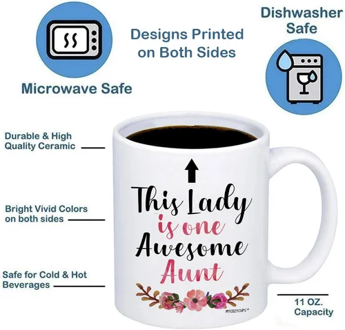 Vista 3 de Taza de café This Lady Is One Awesome Aunt – Taza de 11 oz para tía – Taza para cumpleaños, Navidad, Día de la Madre de sobrina, sobrino, familia