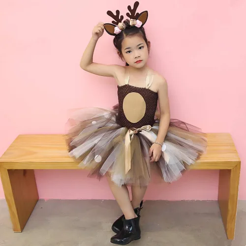 Vista 6 de HJTT Animal Costume for Girls Halloween Christmas Jungle Party Clothes Kids Fancy Deer Tutu Dress Up