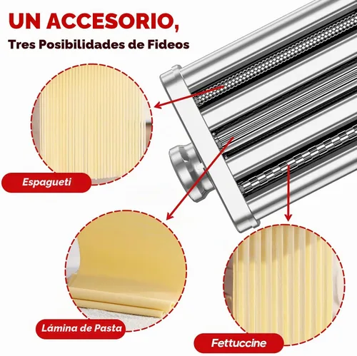 Vista 2 de Accesorio de pasta de acero inoxidable para batidora de pie KitchenAid, máquina de pasta 3 en 1 con rodillo de pasta, cortadores de espaguetis