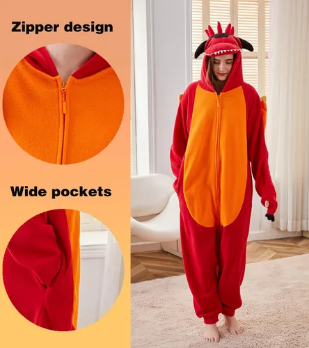 Vista 2 de Focupaja Pijama de dragón para adultos, disfraz de Halloween, ropa de dormir de una pieza