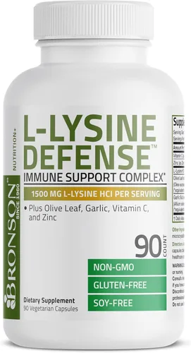 Vista 5 de Bronson Complejo de Apoyo Inmunológico L-Lysine Defense 1500 MG de L-Lisina más Hoja de Olivo, Ajo, Vitamina C y Zinc - Sin OGM, 90 Cápsulas