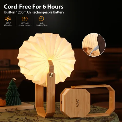 Vista 2 de Lámpara portátil de bambú - Linterna japonesa plegable con carga USB, pantalla de papel de fibra resistente a rasgaduras e impermeable, luz de viaje