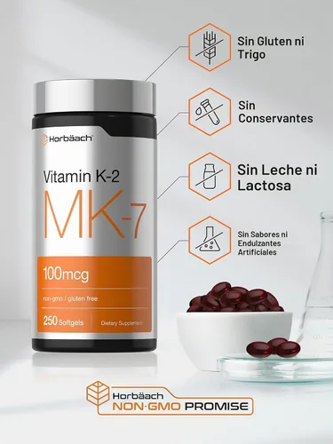 Vista 5 de Horbäach Vitamina K2 MK7 100mcg 250 cápsulas blandas Suplemento sin OMG, sin gluten