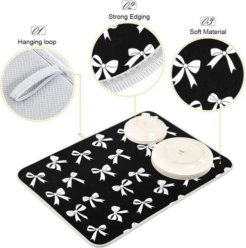 Vista 4 de Tapete de secado de platos Wamika con lazo negro para encimera de cocina 16x18, lazo de moño coqueto, tapete rectangular pequeño de secado
