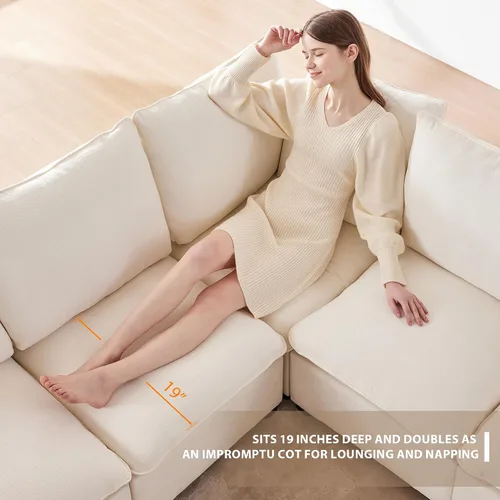 Vista 7 de Sofá modular de 117 pulgadas, sofá modular de felpilla en forma de U con otomana móvil, moderno sofá modular de 7 asientos para sala de estar, Beige