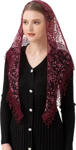Vista 7 de Velo de Encaje Triangular Mantilla Catedral de PAMOR para Cubierta de Cabeza, Velo de Capilla para Misa, Novias, Damas de Honor beige y negro