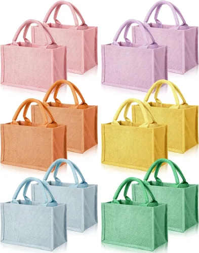 Vista 10 de 12 Piezas Bolsas de Arpillera Mini Bolsas de Yute Reutilizables con Asas Pequeña Lona en Blanco Regalo Impermeable para Boda Playa Bricolaje
