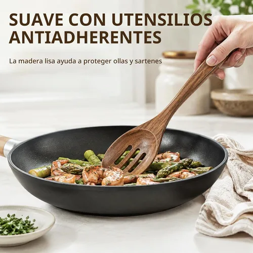 Vista 6 de KITEISCAT Cucharas de madera de acacia para cocinar: juego de utensilios de cocina y cocina de 5 piezas - espátula de madera, cuchara ranurada