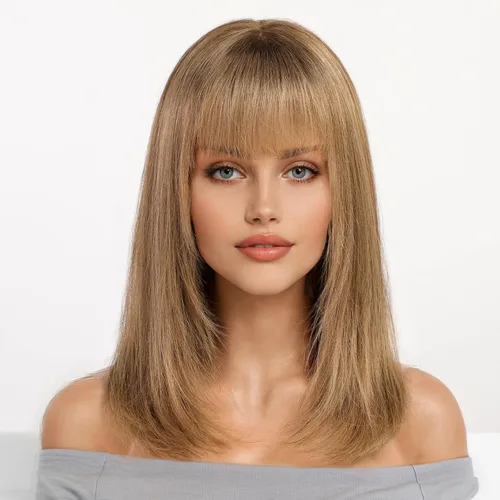 Vista 9 de KKU Pelucas de cabello humano de 16 pulgadas para mujer, peluca de cabello lacio en capas con flequillo, realismo natural, pelucas de cabello real