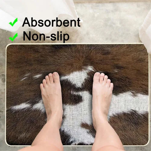 Vista 3 de TOMWISH Alfombra con estampado de vaca, tapete de cocina de piel de vacuno para piso, 2 piezas, diseño de vaca occidental, antideslizante