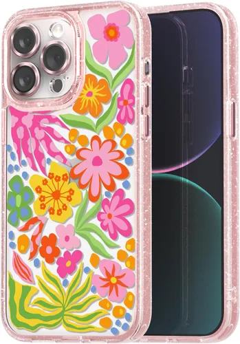 Vista 75 de Compatible para iPhone 13 Funda Bonita Estética - Funda para Teléfono Rosa con Purpurina con Protector de Cámara - Diseño de Cubierta