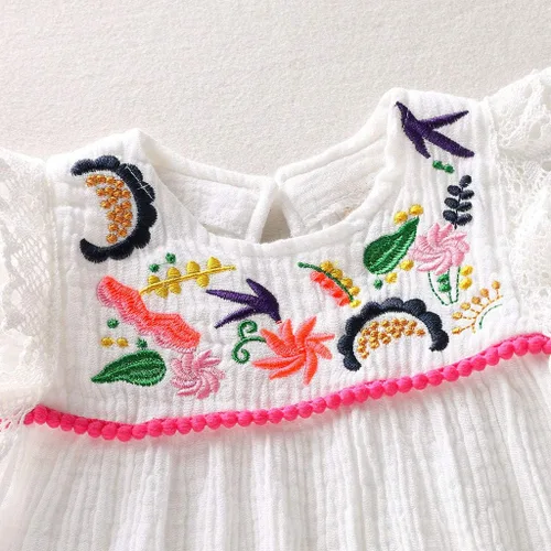 Vista 4 de Vestido floral bordado étnico sin mangas con flores y falda de fiesta de princesa