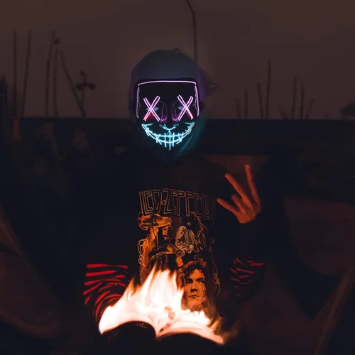 Vista 5 de Disfraz de Halloween, máscara de terror LED iluminada para fiesta, Púrpura + Azul, talla única