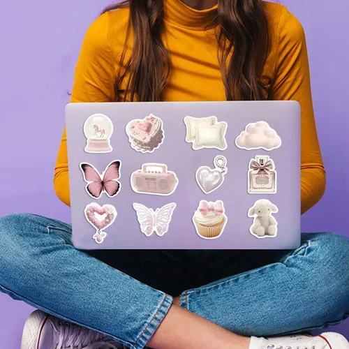 Vista 5 de Paquete de 50 calcomanías femeninas rosas estéticas Kawaii para botella de agua, laptop, patineta, guitarra, álbum de recortes, diario, calcomanías