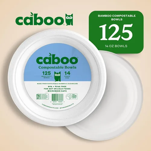 Vista 2 de Caboo Cuencos desechables de papel de bambú, paquete de 125 cuencos biodegradables resistentes de 14 onzas, cuenco compostable, cuenco de fiesta