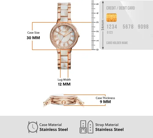 Vista 4 de Fossil Virginia - Reloj para mujer con detalles de cristal y correa de acero inoxidable autoajustable