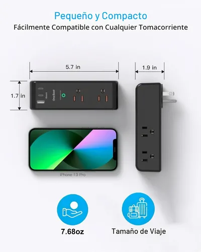 Vista 7 de Extensor de salida con protector de sobretensiones con enchufe giratorio, 6 tomas de corriente alterna con 3 puertos USB (2 USB C), cargador