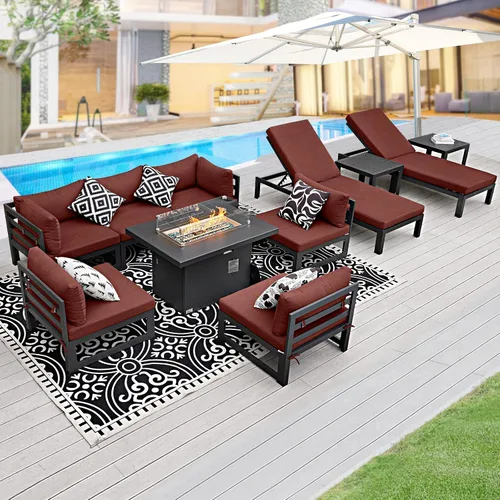 Vista 23 de BULEXYARD - Sofá modular de aluminio para exteriores con mesa para fogata, 7 piezas, color verde azulado