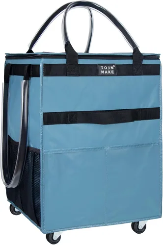 Vista 11 de Bolsa de comestibles reutilizable sobre ruedas, carrito de compras con 8 bolsillos y cubierta con cremallera, bolsa plegable con ruedas, asas