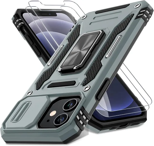Vista 14 de DEERLAMN Funda para iPhone 12/12 Pro con cubierta deslizante para cámara + protector de pantalla (2 unidades), soporte de anillo giratorio de grado