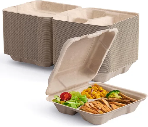 Vista 8 de ECOLipak Paquete de 300 recipientes con forma de ostra para llevar, 100% compostables y desechables, recipientes para llevar comida de 20,3 x 20,3 3