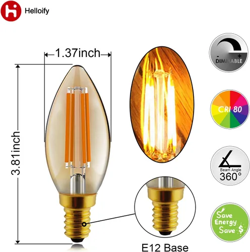 Vista 6 de helloify Bombilla LED Edison B11 regulable vintage, equivalente a 60 W, alto brillo, luz blanca cálida de 2500 K, vidrio ámbar, estilo Ámbar-2500k